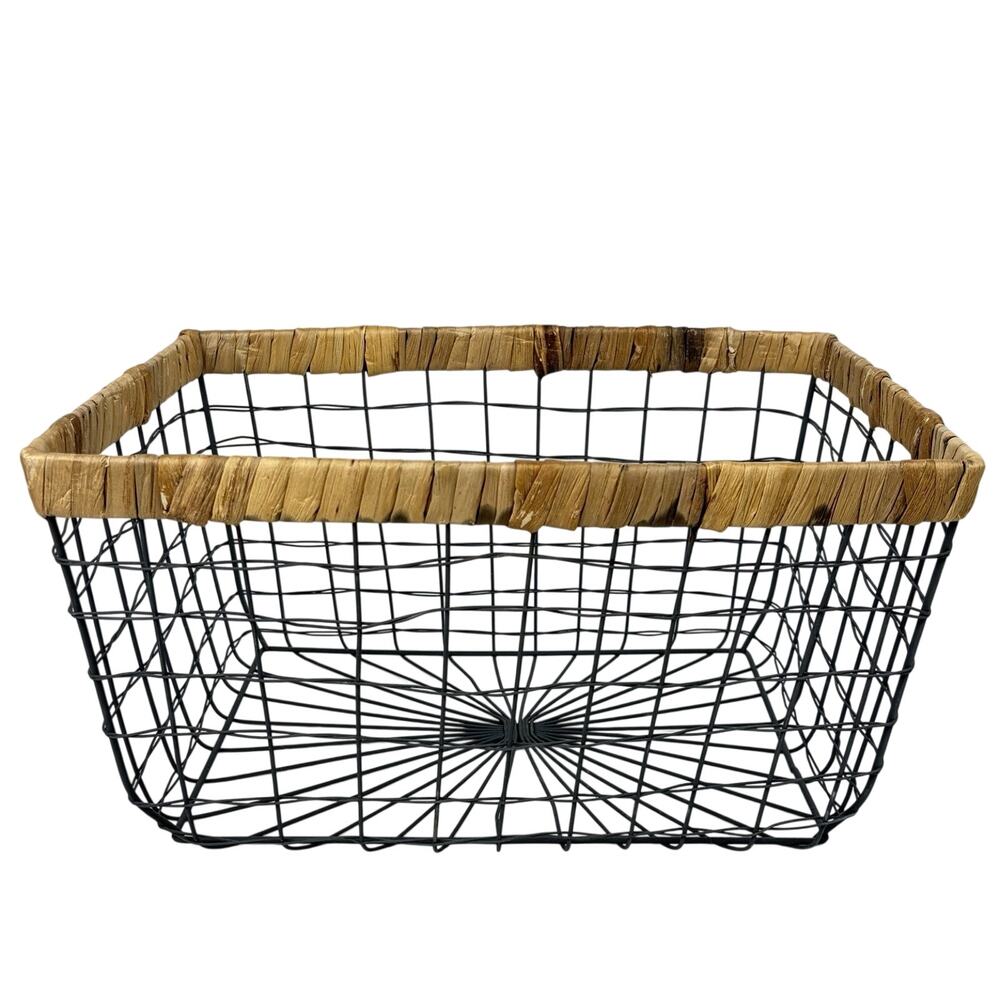 Wicker & Wire Storage Basket 16 x 11.5 x 8.5” Rattan Wrapped Rim Farmhouse